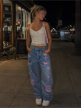 Distressed Paint Splatter Jeans Pink Frayed Denim Women’s XS 16Y Artsy Indie